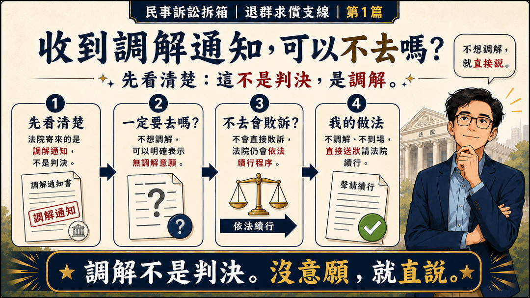 民事訴訟拆箱|退群求償支線 第1篇|收到調解通知,可以不去嗎?|結尾梗圖