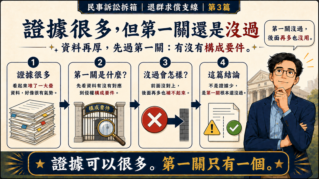 民事訴訟拆箱|退群求償支線 第3篇|證據很多,但第一關還是沒過|結尾梗圖