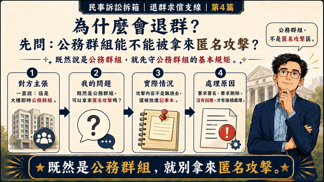 民事訴訟拆箱|退群求償支線 第4篇|為什麼會退群?先問:公務群組能不能被拿來匿名攻擊?|結尾梗圖