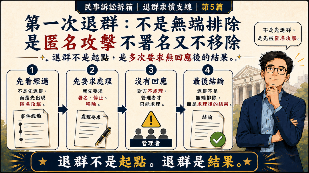 民事訴訟拆箱|退群求償支線 第5篇|第一次退群:不是無端排除,是匿名攻擊不署名又不移除|結尾梗圖