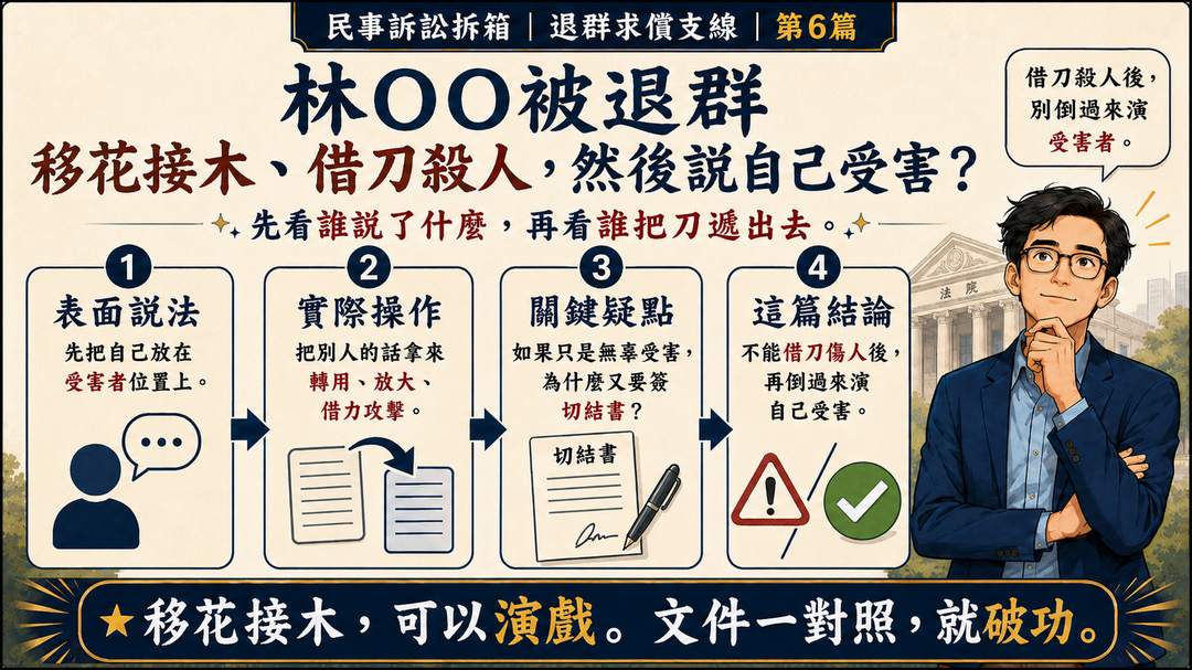 民事訴訟拆箱|退群求償支線 第6篇|林OO被退群:移花接木、借刀殺人,然後說自己受害?|結尾梗圖