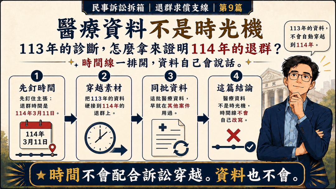 民事訴訟拆箱|退群求償支線 第9篇|醫療資料不是時光機:113年的診斷,怎麼拿來證明114年的退群?|結尾梗圖