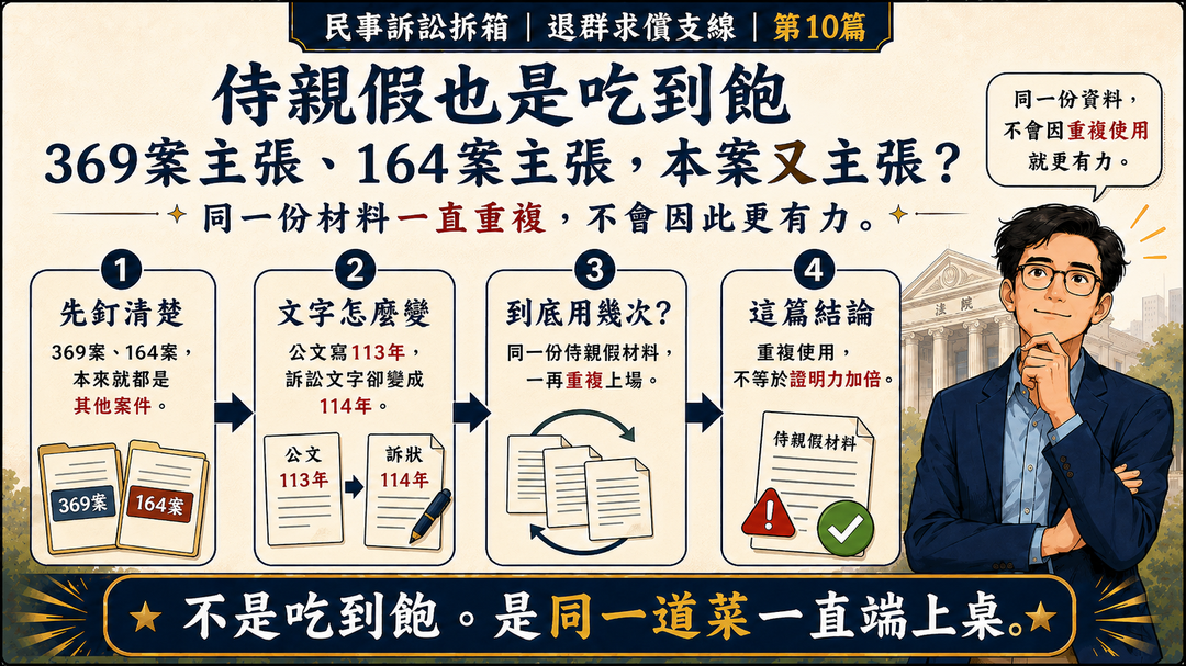 民事訴訟拆箱|退群求償支線 第10篇|侍親假也是吃到飽:369案主張、164案主張,本案又主張?|結尾梗圖