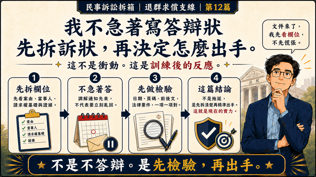 民事訴訟拆箱|退群求償支線 第12篇|支線暫收:我不急著寫答辯狀|結尾梗圖