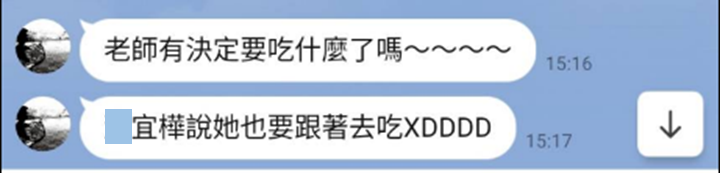 畢業學生約吃飯 LINE 截圖:老師有決定要吃什麼了嗎。