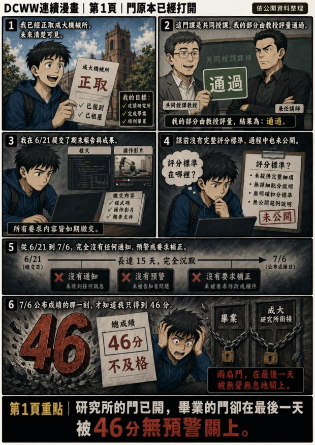 DCWW連續漫畫第1頁：研究所的門已開，畢業的門卻在最後一天被46分無預警關上。