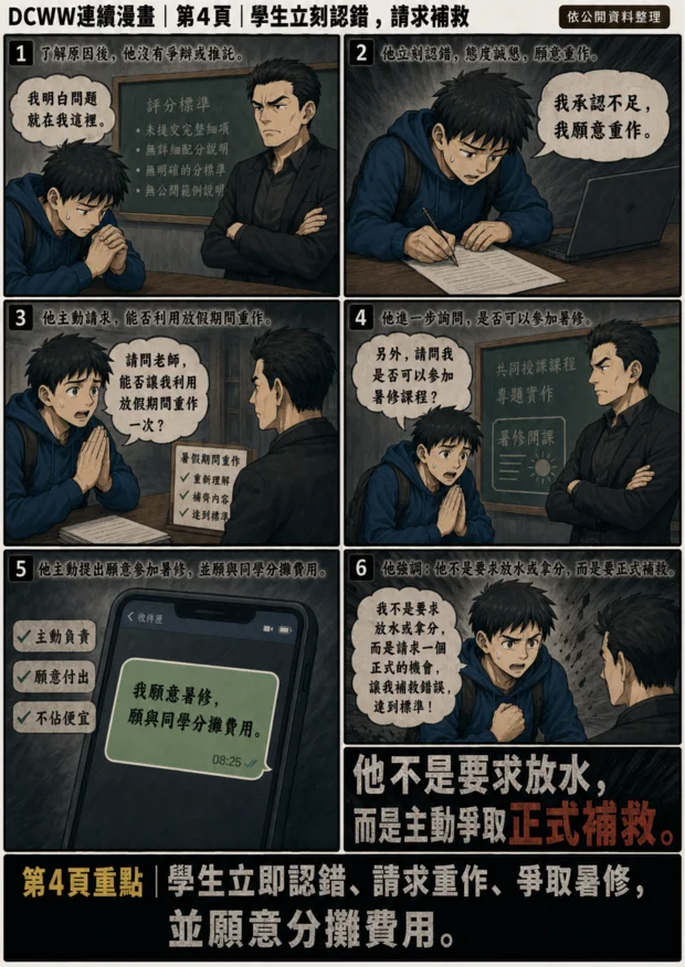 DCWW連續漫畫第4頁：學生承認不足並主動請求重作與暑修。