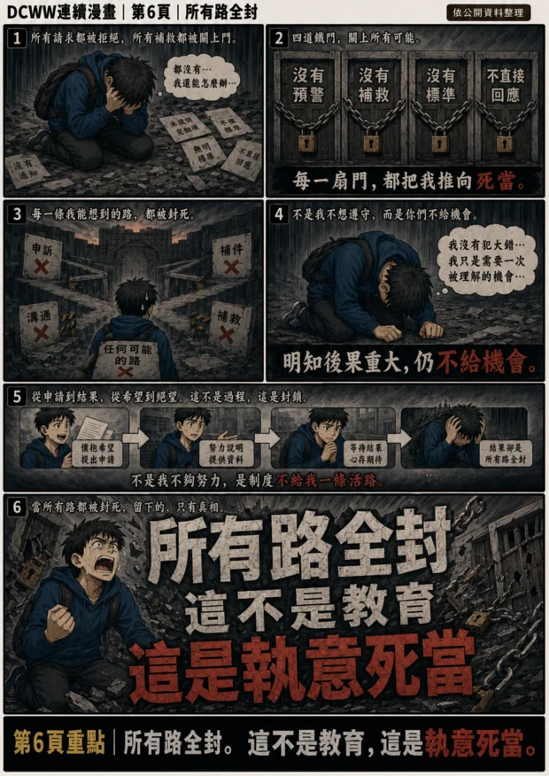 DCWW連續漫畫第6頁：所有補救道路被封住。