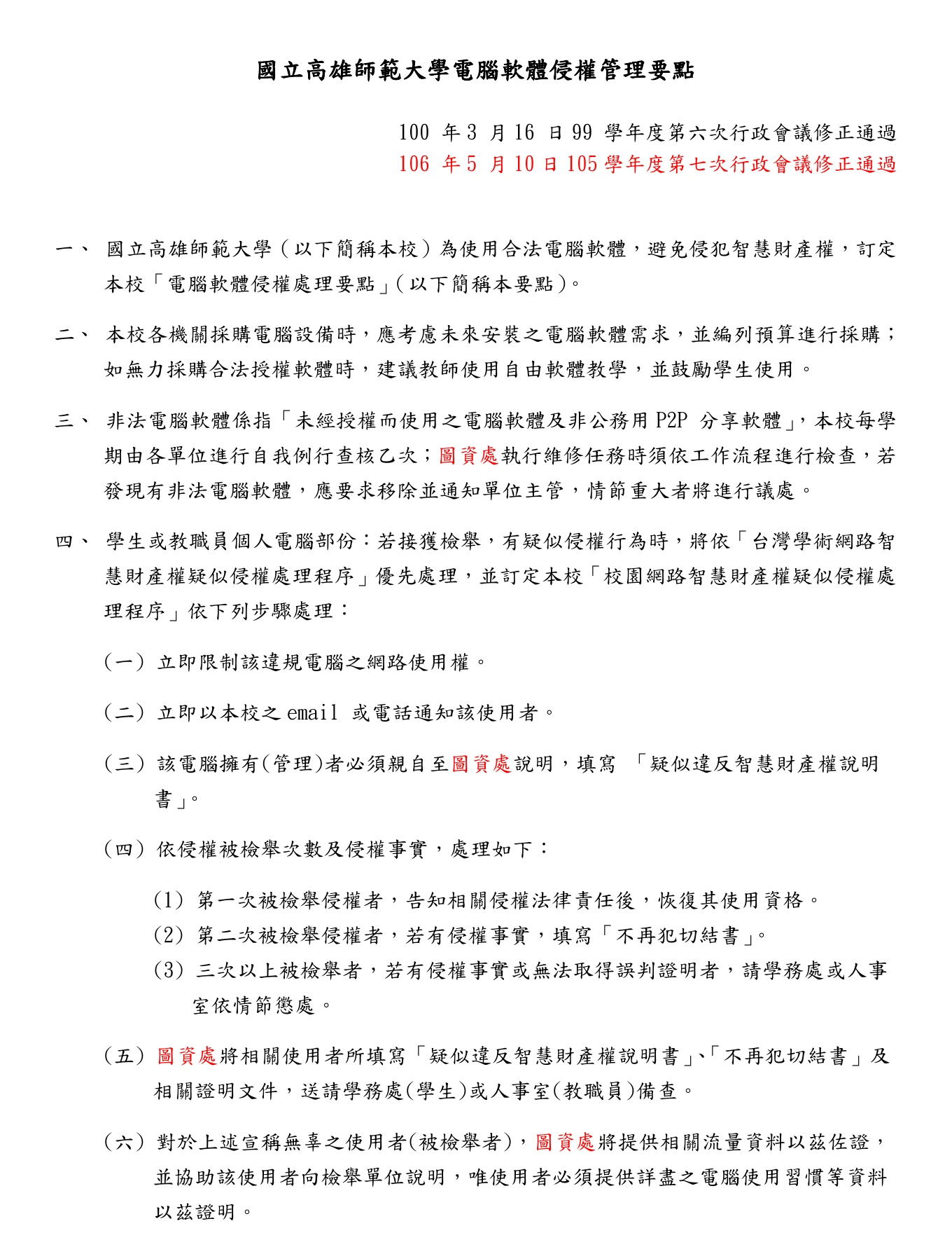 國立高雄師範大學電腦軟體侵權管理要點官方文件節錄，載明學校應使用合法軟體、無力採購時建議使用自由軟體，未經授權使用者屬非法軟體，並應移除及依情節調查議處。