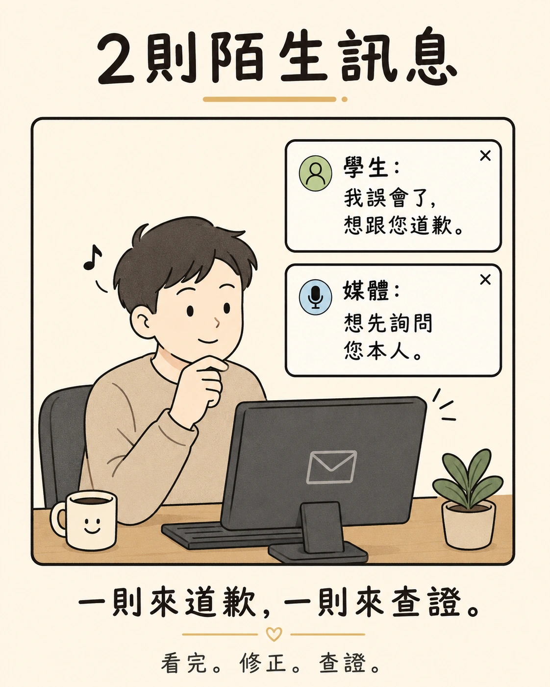 兩則陌生訊息：一則來道歉，一則來查證