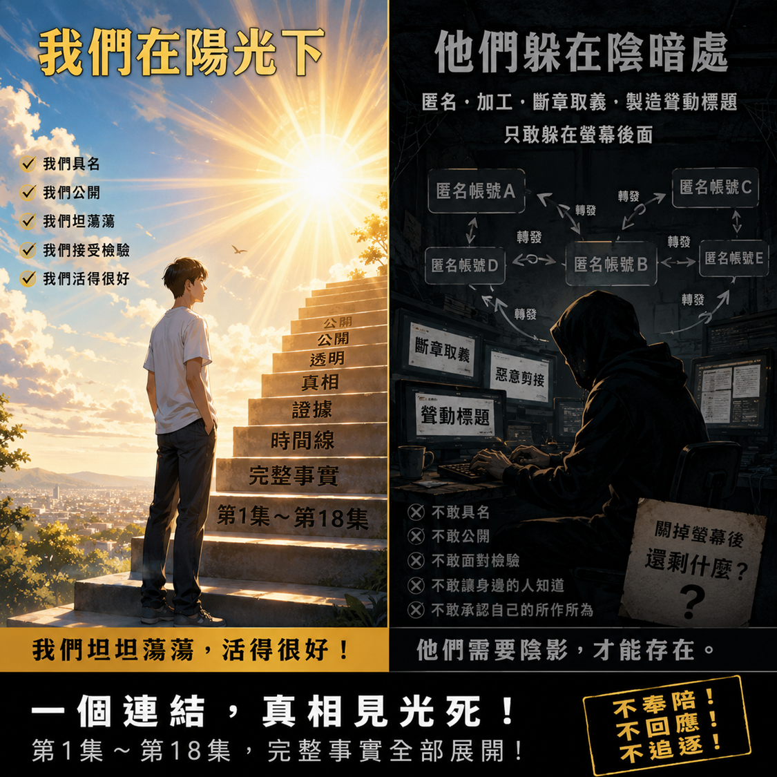 我們在陽光下,匿名者躲在陰暗處的對照梗圖