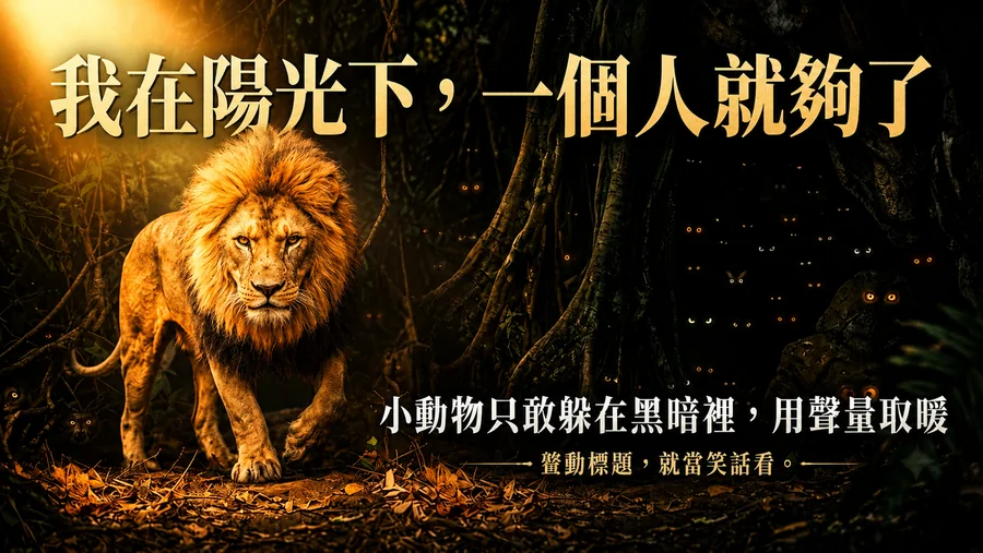 一隻獅子站在陽光下,黑暗中一群小動物只露出眼睛