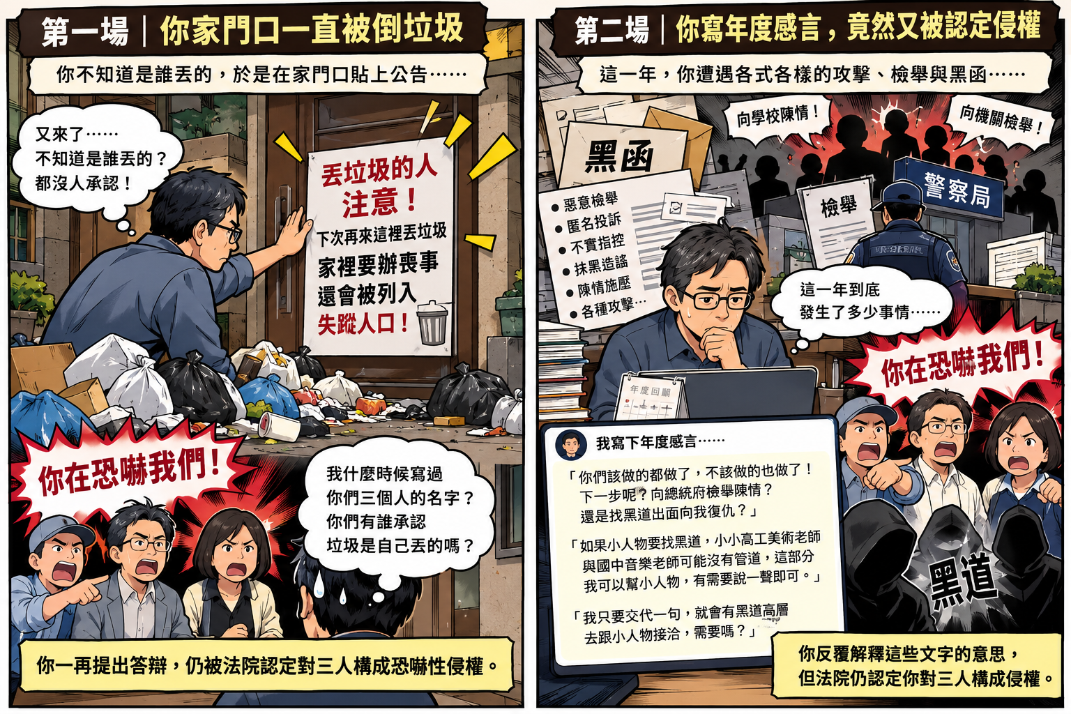 第五集之二法庭實習漫畫:現在你是被告,從虛構的門口倒垃圾情境思考指控、答辯與證據