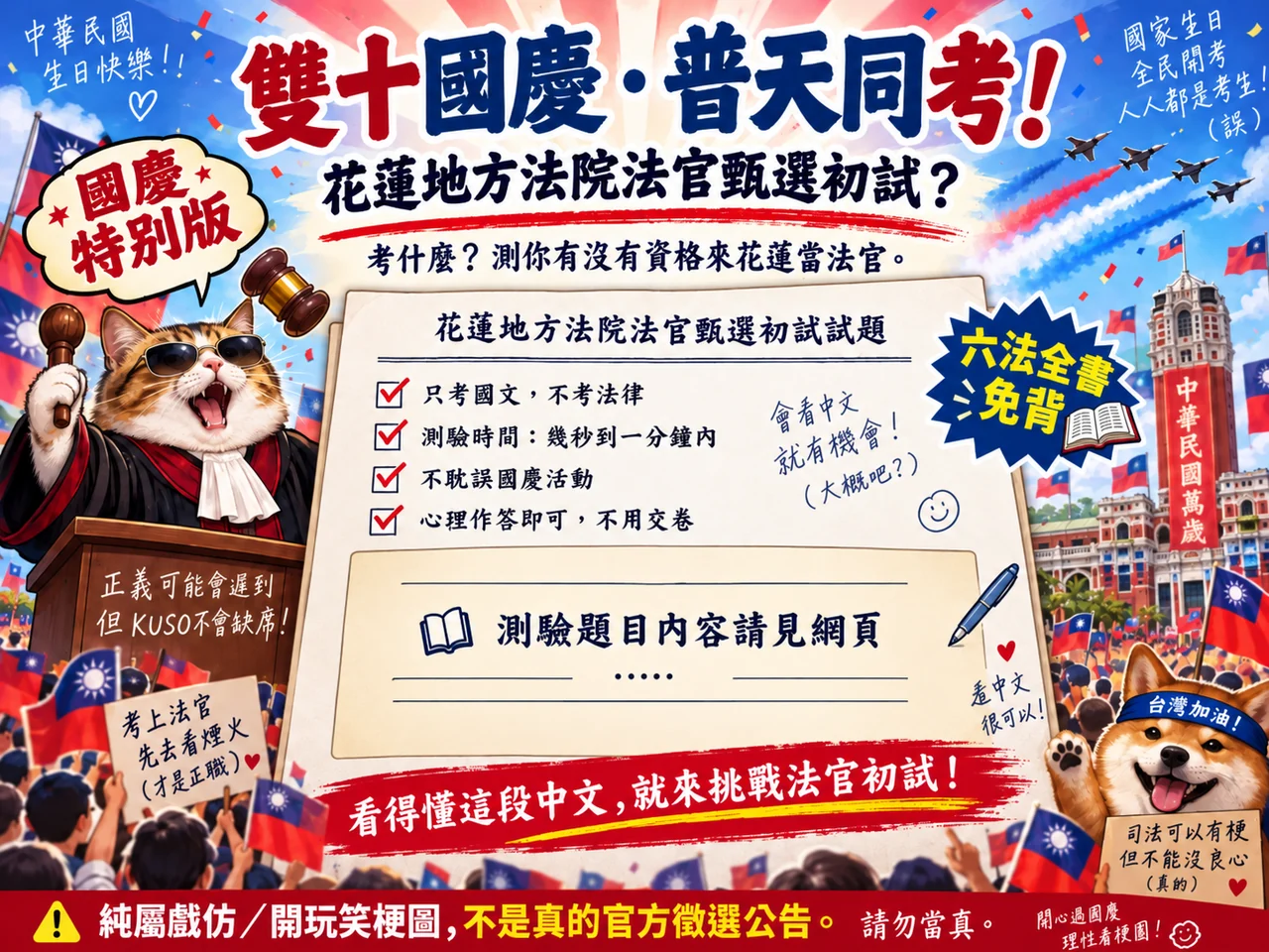 雙十國慶普天同考之花蓮法官甄選初試戲仿梗圖，包含中華民國國旗、慶祝光芒、貓咪法官與考場主題