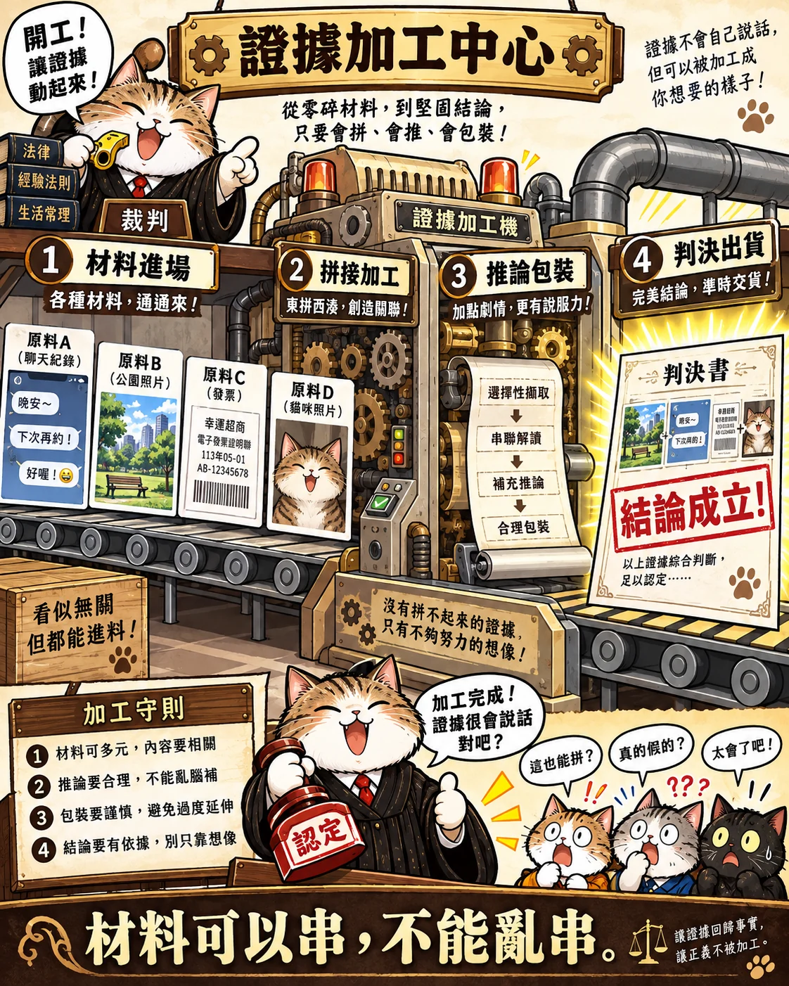 證據加工中心總圖：材料進場、拼接加工、推論包裝、判決出貨的漫畫圖板