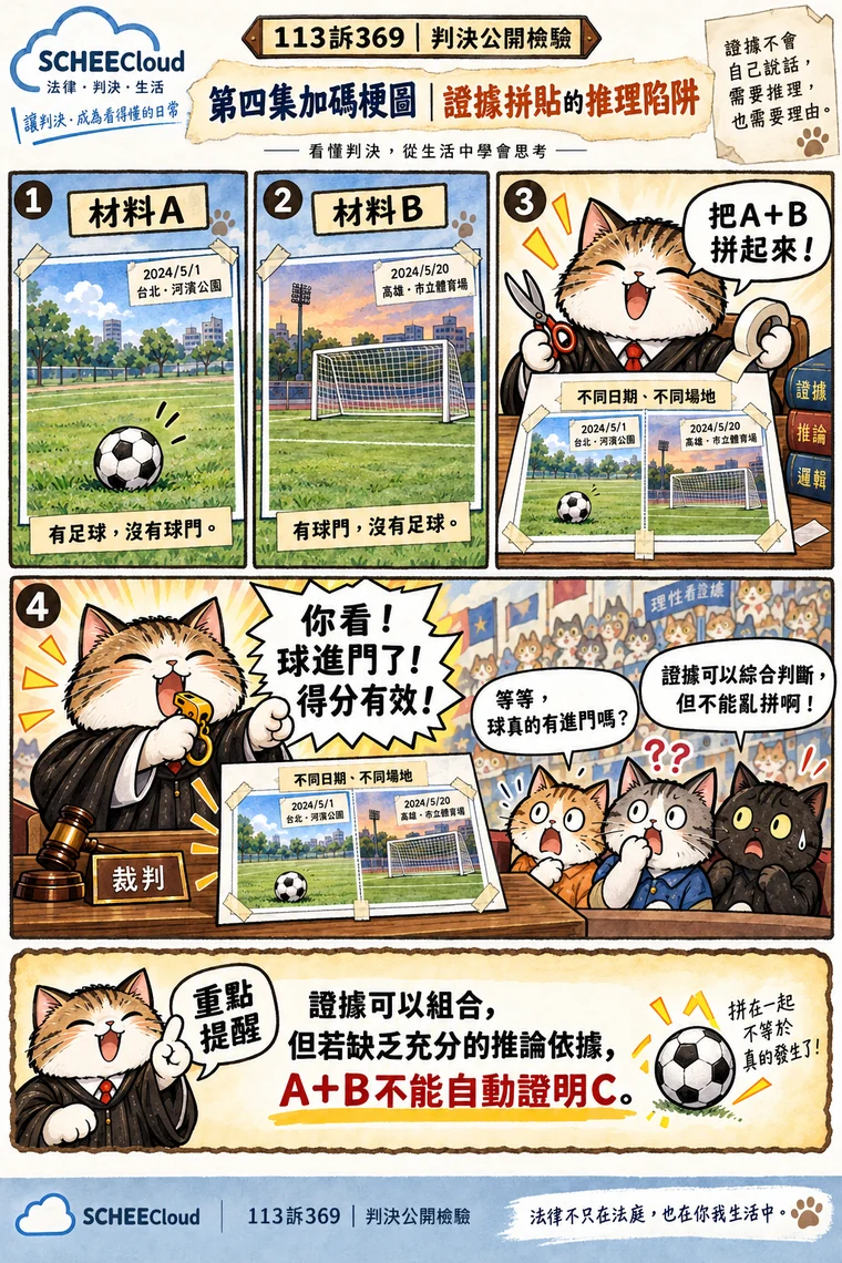 第四集加碼漫畫：第一張照片有足球但沒有球門，第二張照片有球門卻沒有足球，而且日期及場地不同；虛構貓咪裁判把照片拼貼後宣布得分，其他貓咪追問足球是否真的進門。漫畫強調證據可以依法綜合，但A加B不會在欠缺合理連結時自動證明C。