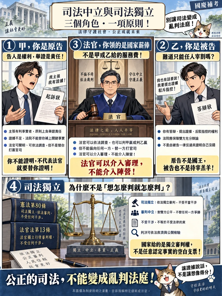 司法中立與司法獨立三個訴訟角色與一項制度原則的圖解漫畫：左邊是原告甲，右邊是被告乙，中間是法官，下方說明司法獨立與審判中立的界線，並以正式人物漫畫風格呈現。