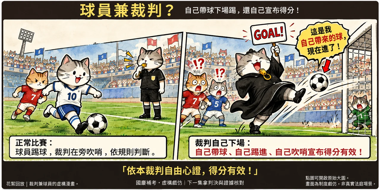 球員兼裁判諷刺漫畫：左圖裁判場邊執法；右圖裁判親自踢球入門，自己舉起GOAL得分牌；畫面寫著依本裁判自由心證，得分有效。