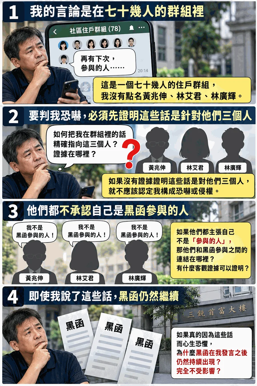 113訴369判決公開檢驗首頁梗圖：七十幾人群組、三名原告與恐嚇認定核心疑問