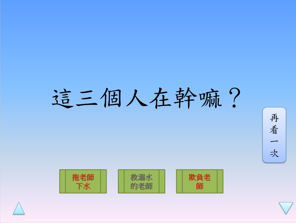 視覺記憶互動教材題目畫面:這三個人在幹嘛