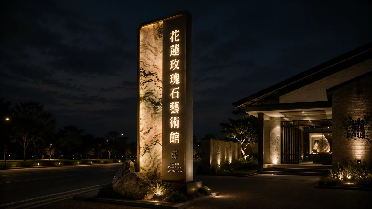 花蓮玫瑰石藝術舘夜間挑高招牌示意圖