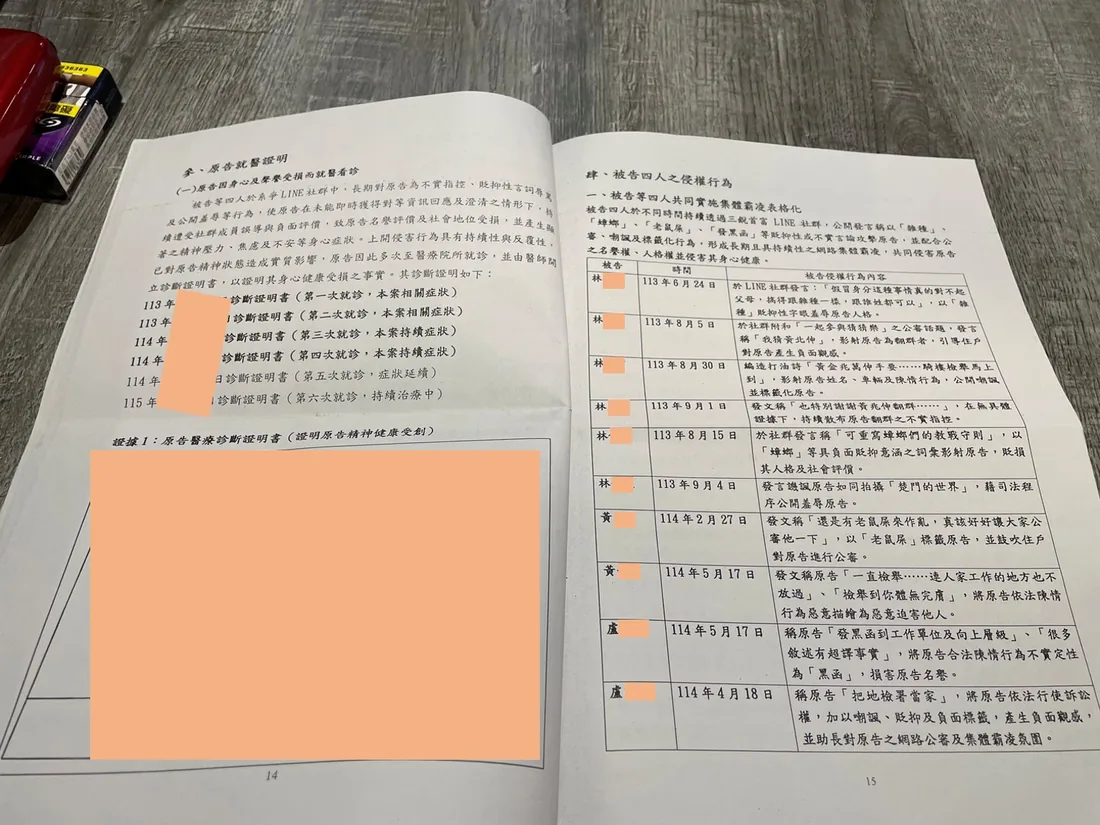 訴狀第14～15頁：原告就醫證明、被告四人之侵權行為整理