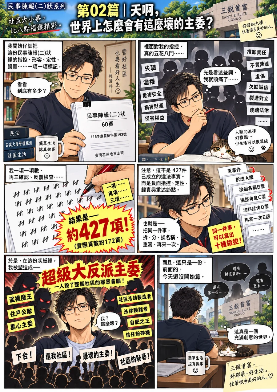 漫畫化反諷示意｜這一份約427個負面指控、定性與重述節點；不是427件已成立違法事實。