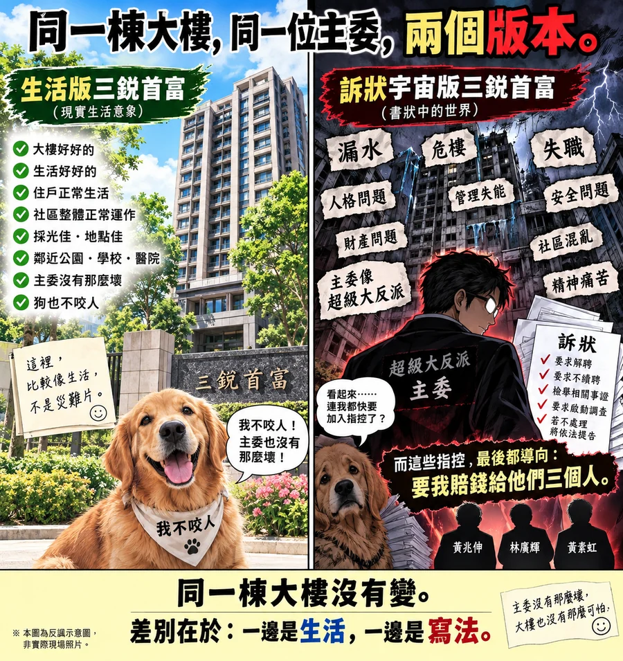 同一棟大樓、同一位主委：生活版與訴狀宇宙版的反諷對照梗圖