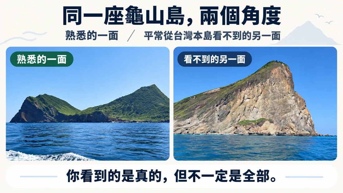 同一座龜山島兩個真實角度並列：熟悉的一面與台灣本島平常看不到的另一面