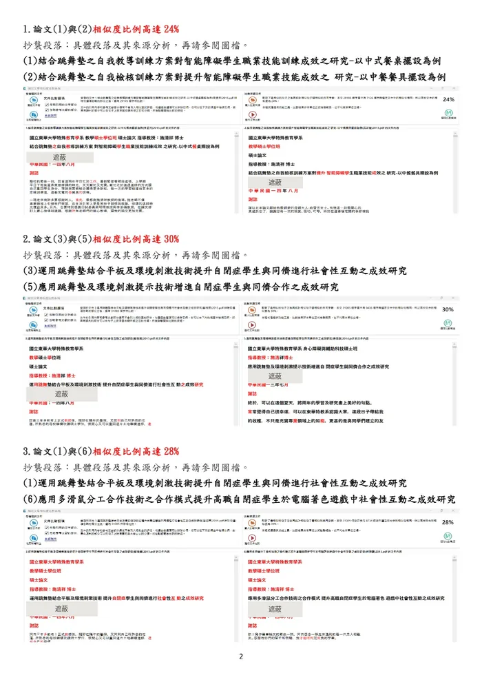 黑函附件第二頁,依序出現24%、30%、28%等文字相似度比對