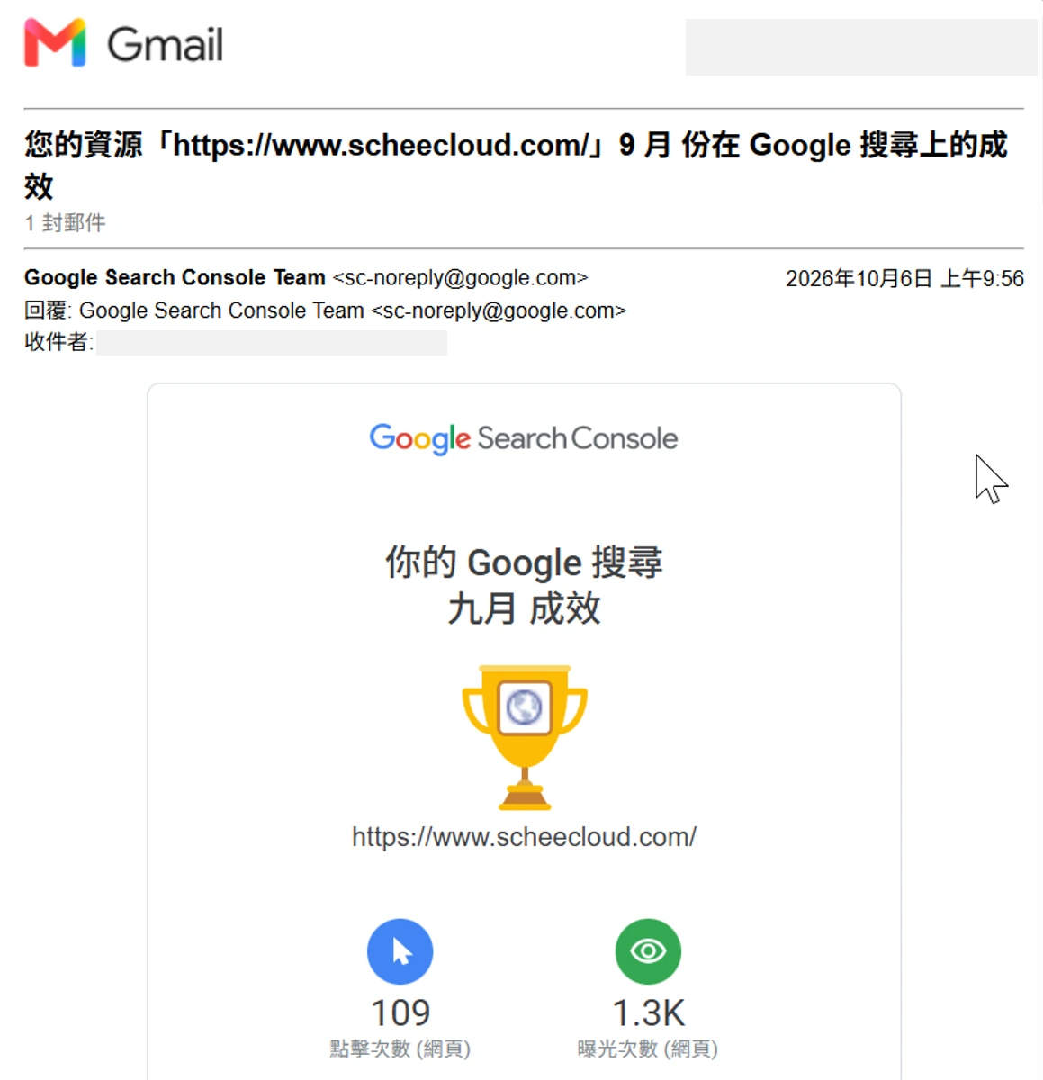 Google Search Console 2026 年九月搜尋成效郵件,顯示全站 109 次點擊與 1.3K 曝光