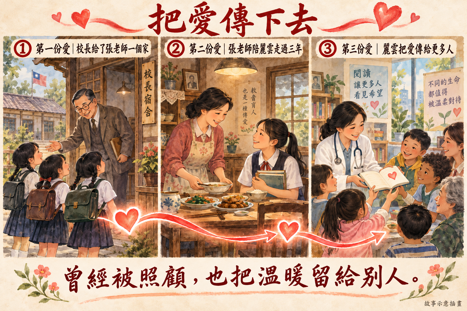 把愛傳下去:校長、張老師、麗雲。故事示意插畫。