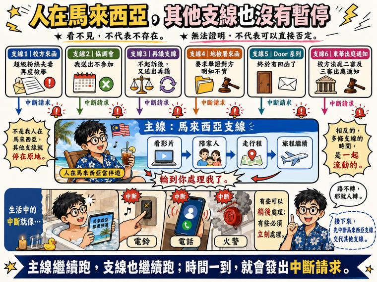 第九篇支線流程圖：主線是馬來西亞支線，多條支線同時流動，並向主線發出中斷請求。