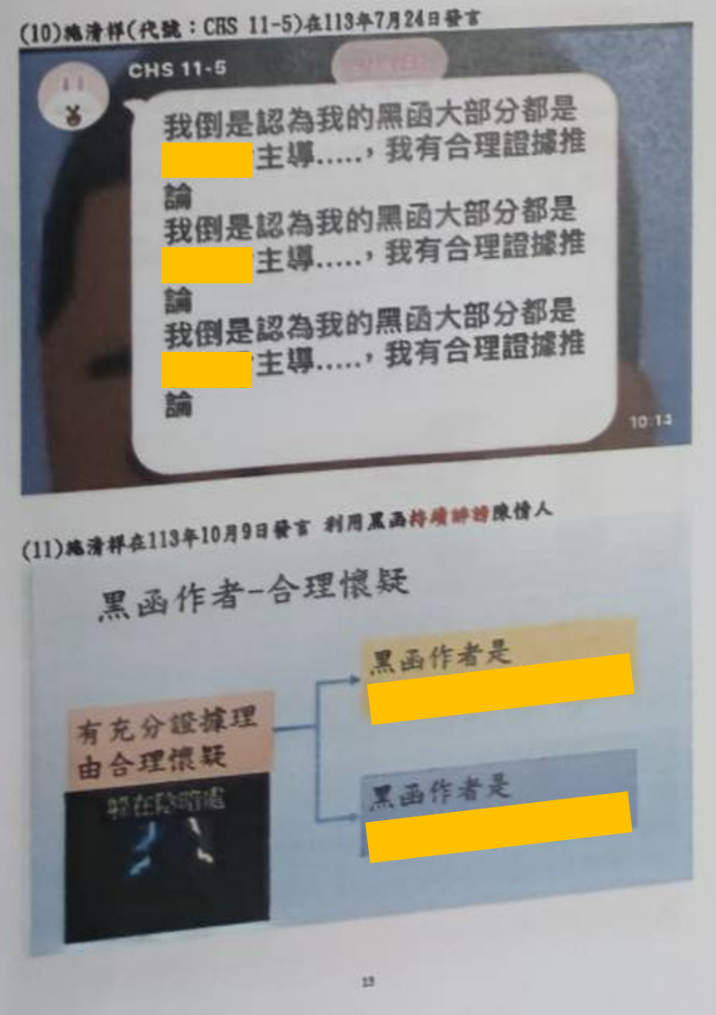 113年7月24日至10月9日，黑函作者合理懷疑圖示與對話